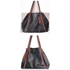 Fossil 2 in One Tote Expandable Black Brown Goat Hide Leather Side Zippers